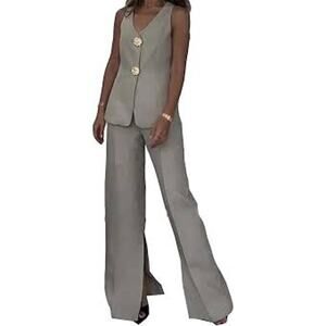 Commense Light Gray Two-Piece Sleeveless Vest and Wide-Leg Pants Set
